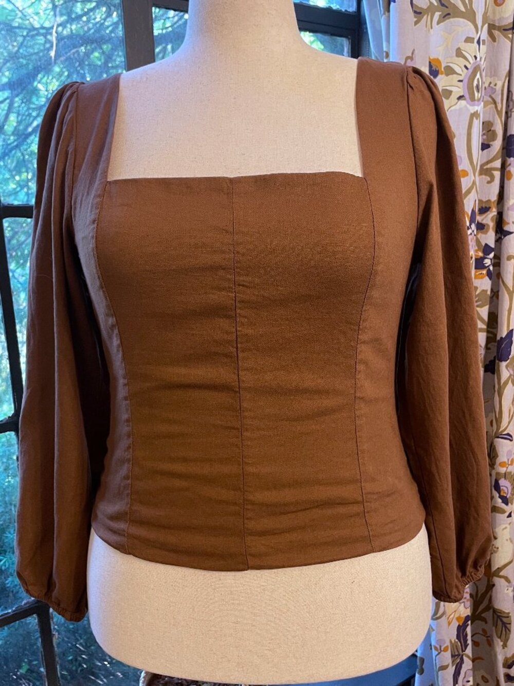Gap Linen Blend Brown Peasant Blouse, Sz L, Ren Faire Puff Sleeve Romantic Boho